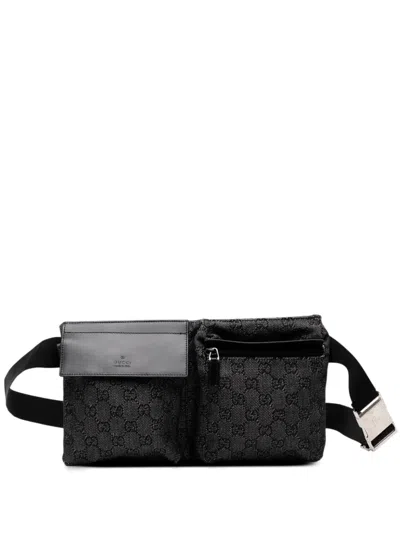 Pre-owned Gucci 2000-2015 Gg Denim Double Pocket Belt Bag In Gray