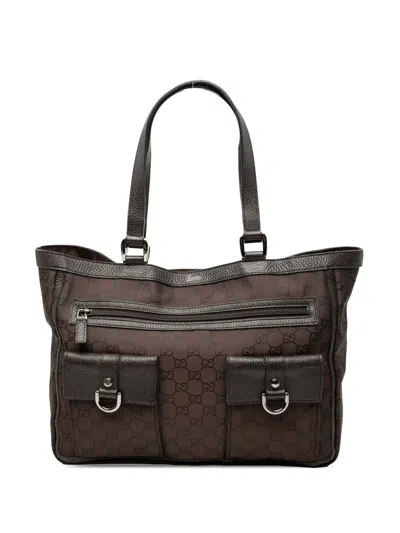 Pre-owned Gucci 2000-2015 Gg Nylon Abbey D Ring Pocket Tote Bag In Brown