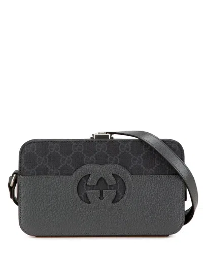 Pre-owned Gucci 2000-2015 Gg Supreme And Leather Cut Out Interlocking G Crossbody Bag In Grey