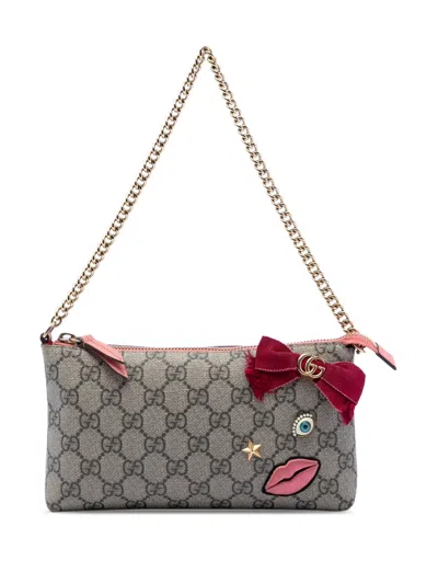 Pre-owned Gucci 2000-2015 Gg Supreme Face Embellished Wallet On Chain Crossbody Bag In Brown