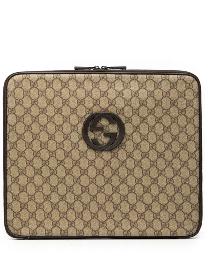 Pre-owned Gucci 2000-2015 Gg Supreme Laptop Case Clutch Bag In Brown