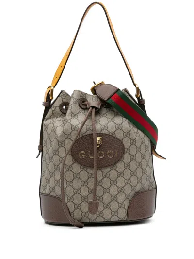 Pre-owned Gucci 2000-2015 Gg Supreme Neo Vintage Drawstring Bucket Bag Satchel In Brown