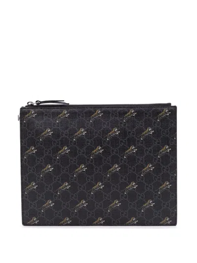 Pre-owned Gucci 2000-2015 Gg Supreme Tigers Zip Wristlet Pouch Clutch Bag In Black