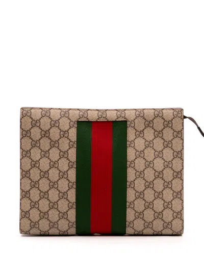 Pre-owned Gucci 2000-2015 Gg Supreme Web Clutch Bag In Brown