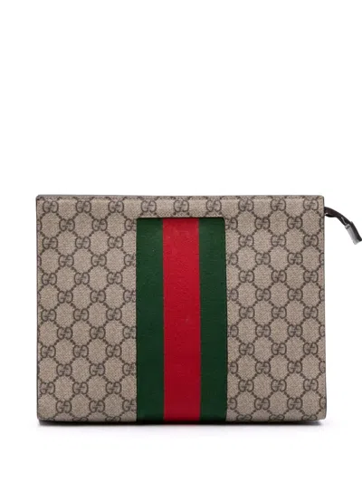 Pre-owned Gucci 2000-2015 Gg Supreme Web Clutch Bag In Brown
