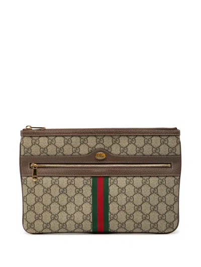 Pre-owned Gucci 2000-2015 Gg Supreme Web Ophidia Clutch Bag In Brown