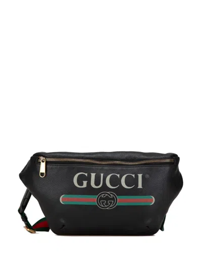 Pre-owned Gucci 2000-2015 Grained Calfskin Logo Belt Bag In Black