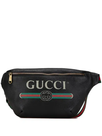 Pre-owned Gucci 2000-2015 Grained Calfskin Logo Belt Bag In Black