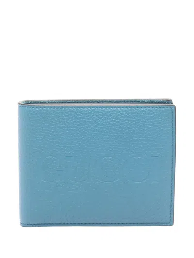 Pre-owned Gucci 2000-2015 Grained Leather Logo Bifold Compact Wallet Small Wallets In Blue