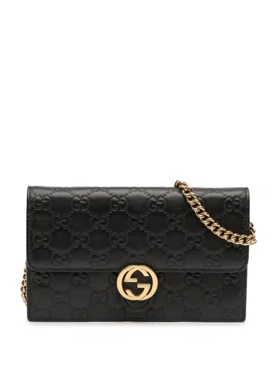 Pre-owned Gucci 2000-2015 Ssima Interlocking G Wallet On Chain Crossbody Bag In Black