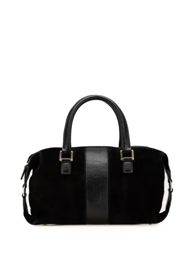 Pre-owned Gucci 2000-2015 Ssima Trimmed Suede Boston Bag In Black