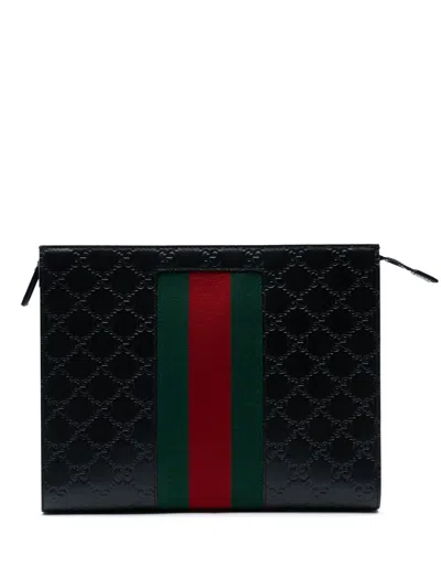 Pre-owned Gucci 2000-2015 Ssima Web Clutch Bag In Black