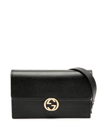Pre-owned Gucci 2000-2015 Interlocking G Dollar Calfskin Wallet On Chain Crossbody Bag In Black