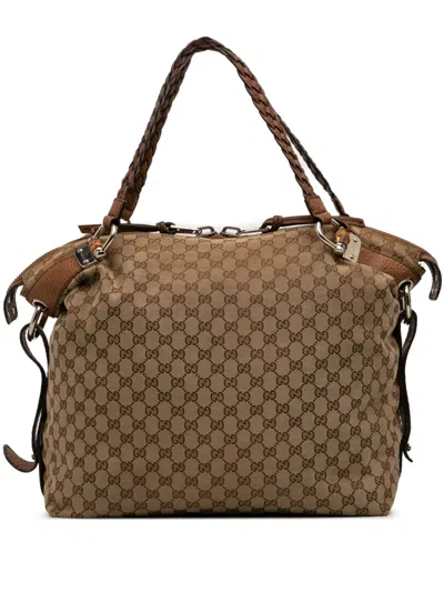 Pre-owned Gucci 2000-2015 Large Gg Canvas Bamboo Bar Tote Bag In Brown