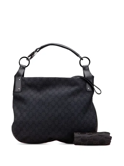 Pre-owned Gucci 2000-2015 Large Gg Denim Horsebit Classic Ring Hobo Bag In Black