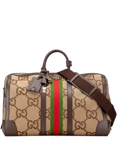 Pre-owned Gucci 2000-2015 Large Jumbo Gg Canvas Web Duffle Bag Travel Bag In Brown