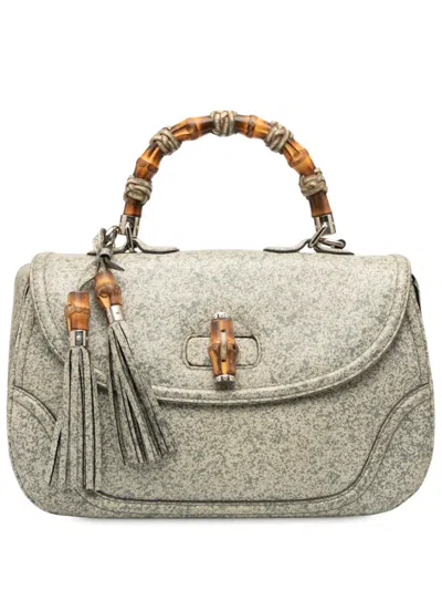 Pre-owned Gucci 2000-2015 Large Speckled Leather New Bamboo Top Handle Bag Satchel In Gray