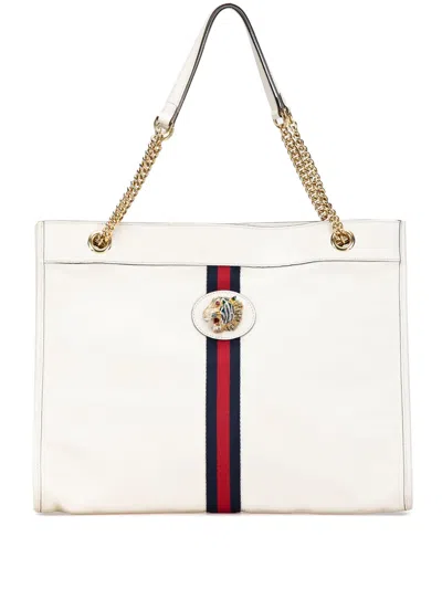 Pre-owned Gucci 2000-2015 Large Web Leather Rajah Tote Bag In White