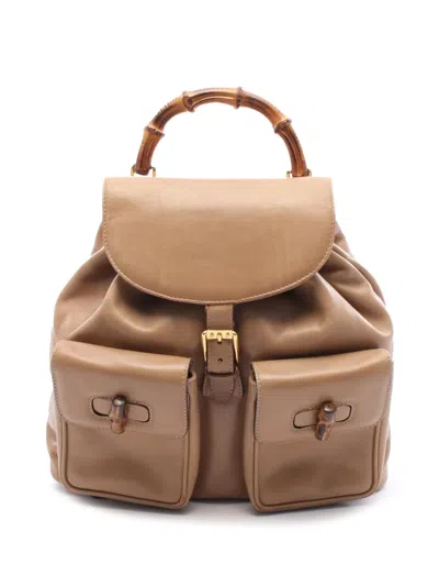 Pre-owned Gucci 2000-2015 Leather Bamboo Drawstring Backpack In Brown