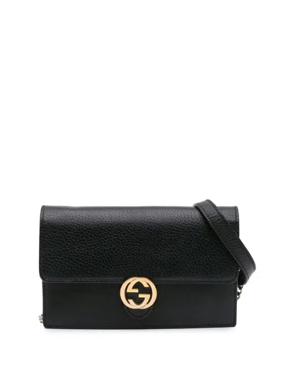 Pre-owned Gucci 2000-2015 Leather Interlocking G Dollar Wallet On Chain Crossbody Bag In Black