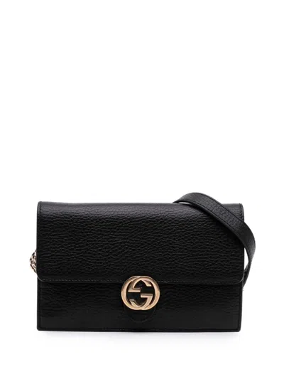Pre-owned Gucci 2000-2015 Leather Interlocking G Dollar Wallet On Chain Crossbody Bag In Black