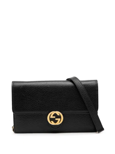 Pre-owned Gucci 2000-2015 Leather Interlocking G Dollar Wallet On Chain Crossbody Bag In Black