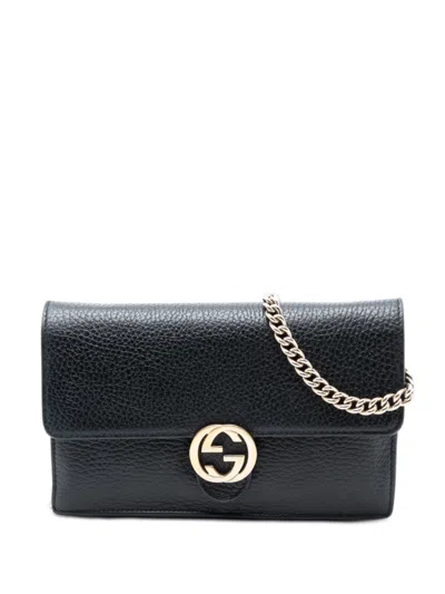 Pre-owned Gucci 2000-2015 Leather Interlocking G Dollar Wallet On Chain Crossbody Bag In Black