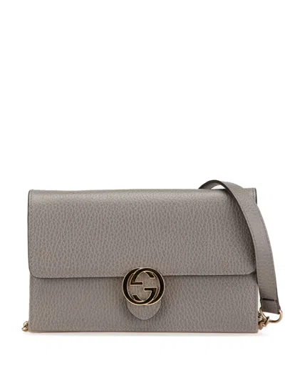 Pre-owned Gucci 2000-2015 Leather Interlocking G Dollar Wallet On Chain Crossbody Bag In Grey