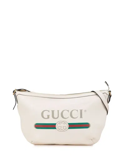 Pre-owned Gucci 2000-2015 Leather Logo Half Moon Crossbody Bag In White