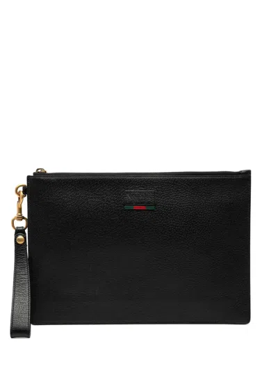 Pre-owned Gucci 2000-2015 Leather Web Agora Clutch Bag In Black