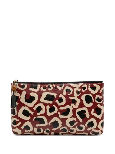 Pre-owned Gucci 2000-2015 Leopard Print Leather Bamboo Clutch Bag In Red