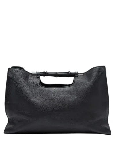 Pre-owned Gucci 2000-2015 Medium Calfskin Bamboo Daily Shopper Satchel In Black