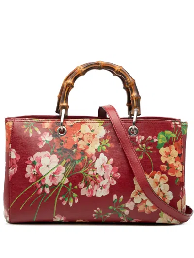 Pre-owned Gucci 2000-2015 Medium Calfskin Blooms Bamboo Shopper Satchel In Red