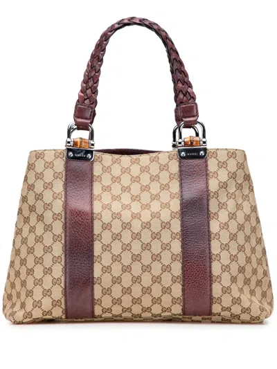 Pre-owned Gucci 2000-2015 Medium Gg Canvas Bamboo Libeccio Tote Bag In Brown