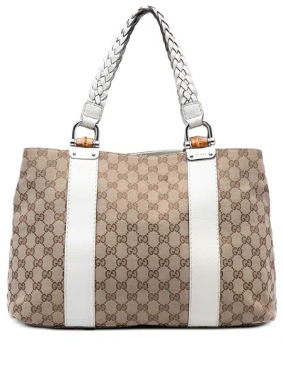 Pre-owned Gucci 2000-2015 Medium Gg Canvas Bamboo Libeccio Tote Bag In Brown