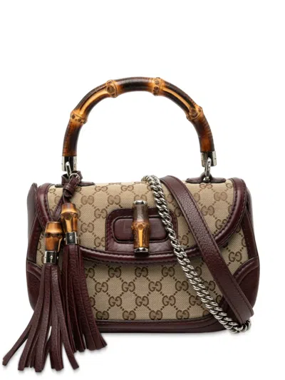 Pre-owned Gucci 2000-2015 Medium Gg Canvas New Bamboo Top Handle Bag Satchel In Brown