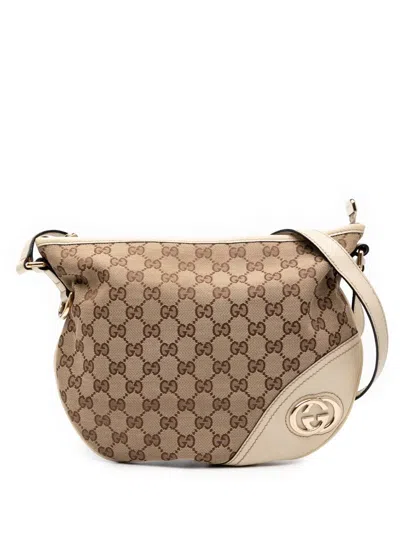 Pre-owned Gucci 2000-2015 Medium Gg Canvas New Britt Half Moon Crossbody Bag In Brown