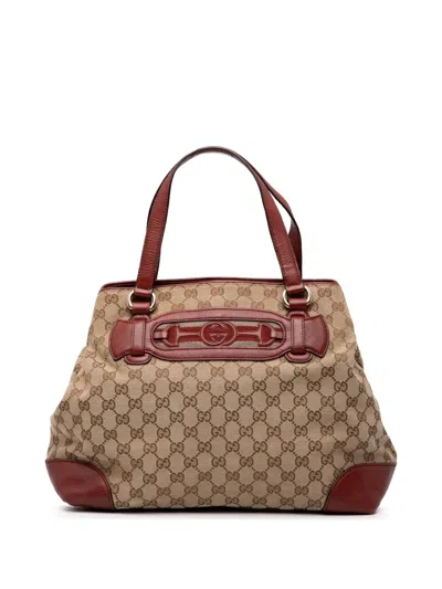 Pre-owned Gucci 2000-2015 Medium Gg Canvas Web Dressage Tote Bag In Brown