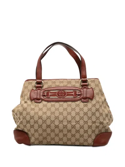 Pre-owned Gucci 2000-2015 Medium Gg Canvas Web Dressage Tote Bag In Brown