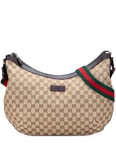 Pre-owned Gucci 2000-2015 Medium Gg Canvas Web Half Moon Crossbody Bag In Brown