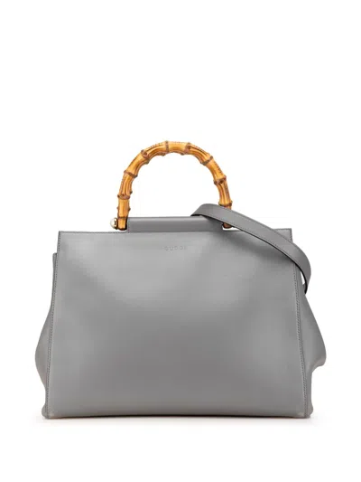 Pre-owned Gucci 2000-2015 Medium Leather Bamboo Nymphaea Satchel In Grey