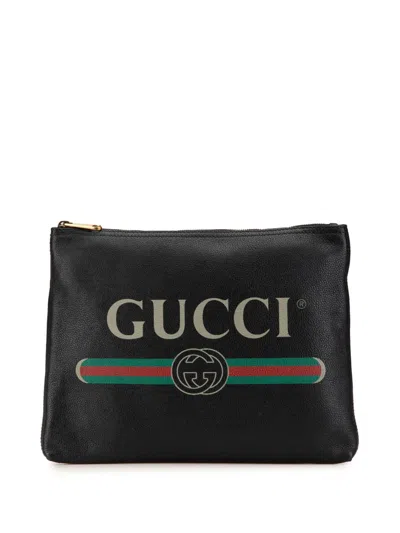 Pre-owned Gucci 2000-2015 Medium Leather Logo Portfolio Clutch Bag In Black