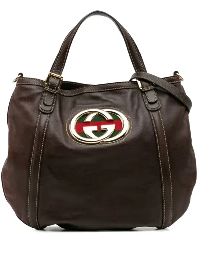 Pre-owned Gucci 2000-2015 Medium Leather Web Britt Satchel In Brown