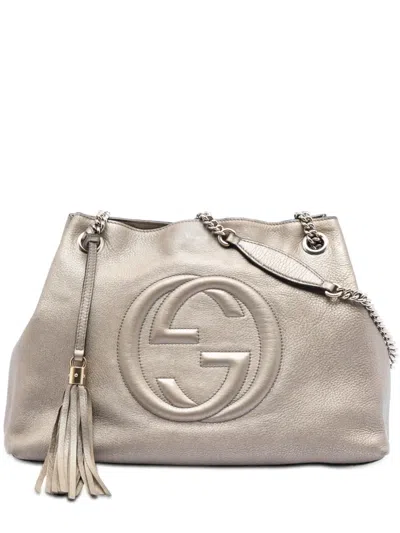 Pre-owned Gucci 2000-2015 Medium Metallic Leather Soho Chain Tote Bag In Silver