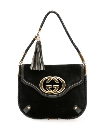 Pre-owned Gucci 2000-2015 Medium Suede Britt Tassel Flap Shoulder Bag In Black