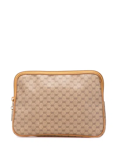 Pre-owned Gucci 2000-2015 Micro Gg Coated Canvas Travel Toiletry Cosmetic Pouch Clutch Bag In Brown