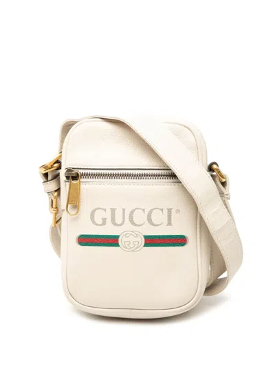 Pre-owned Gucci 2000-2015 Mini Grained Calfskin Logo Crossbody Bag In White