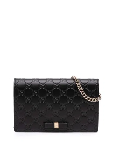 Pre-owned Gucci 2000-2015 Mini Ssima Bow Signature Wallet On Chain Crossbody Bag In Black