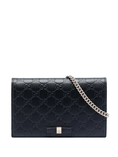 Pre-owned Gucci 2000-2015 Mini Ssima Bow Signature Wallet On Chain Crossbody Bag In Black