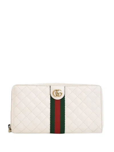 Pre-owned Gucci 2000-2015 Quilted Leather Web Trapuntata Zip Around Wallet Long Wallets In White